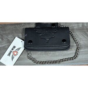 Black Leather Biker/Trucker Chain Wallet    Embossed Wings Graphic New Old Stock